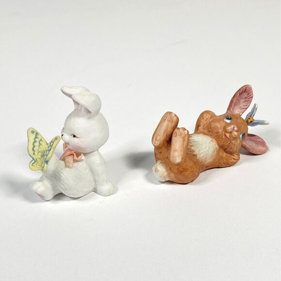 Vtg Porcelain Mini Rabbit Figurines Butterfly White Brown Bunny Matte Ceramic - Picture 6 of 11